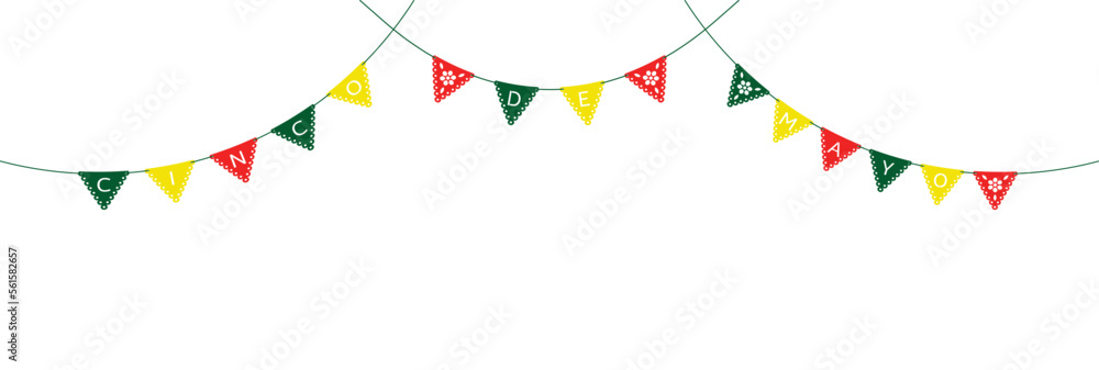 Festive Cinco de Mayo paper garlands. Papel picado decorations isolated on white background. Vector illustration.