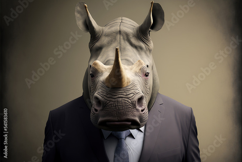 Portrait of a rhinoceros dressed in a formal business suit, generative ai