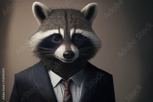 Portrait of a raccoon dressed in a formal business suit, generative ai