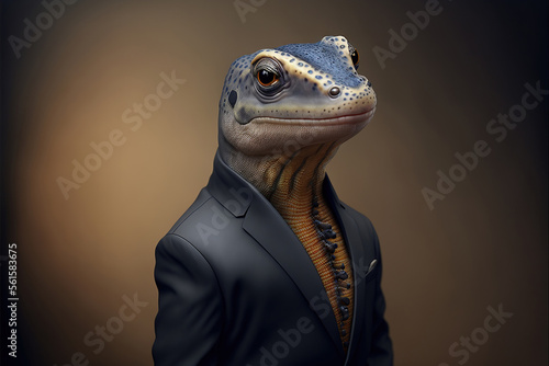 portrait of a salamander dressed in a formal business suit, generative ai photo