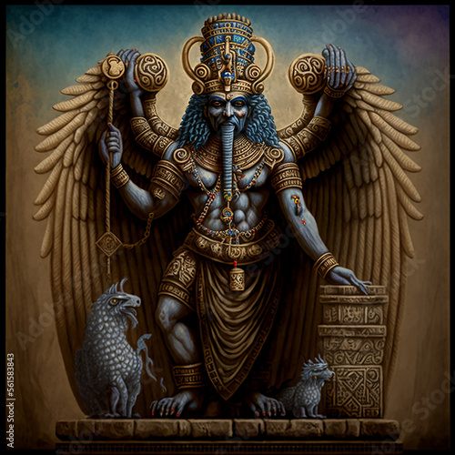 Ancient Sumerian mythology. Enki,ancient Sumerian mythological god. Created with Generative AI technology.
