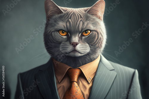 Fototapeta portrait of a cat dressed in a formal business suit, generative ai