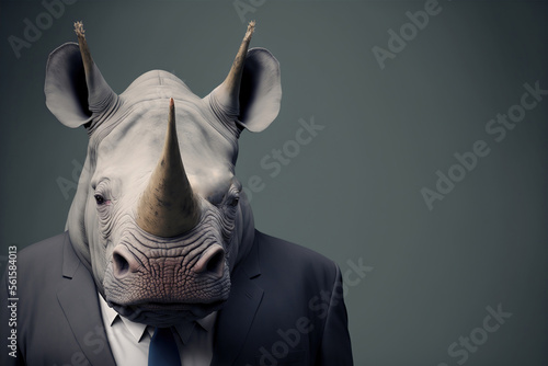 Portrait of a rhinoceros dressed in a formal business suit,  generative ai photo