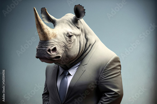 Portrait of a rhinoceros dressed in a formal business suit,  generative ai photo
