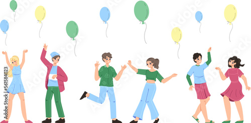 Happy dancing young adults couples. Cartoon teenagers dance on party  isolated flat students joy. Teens festive  vector birthday or festival characters