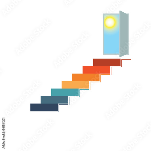 Infographics 7 steps up of ladder and  doorway with sun