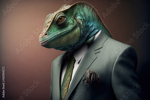 Portrait of a iguana dressed in a formal business suit,  generative ai