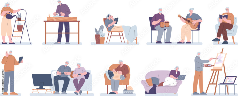 Old people home activity. Retired life, gardening knitting, painting. Senior person hobby. Modern grandparents with gadgets kicky vector characters