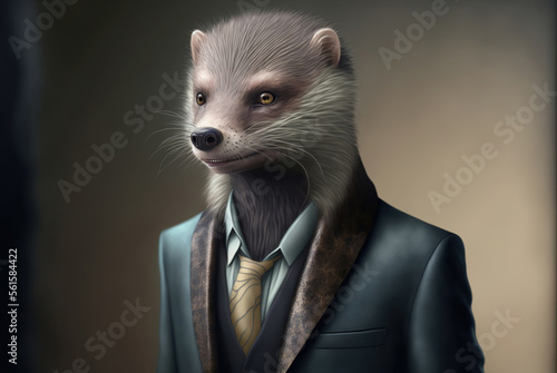 Portrait of a mink  dressed in a formal business suit,  generative ai