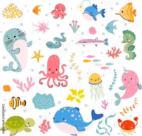 Ocean cute animals  aquatic sea cartoon fish whale narval. Marine funny animal  seahorse and turtle. Underwater life nowaday baby vector characters