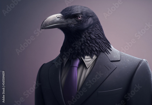 Fényképezés Portrait of a raven dressed in a formal business suit, generative ai