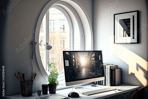 Computer, poster, and round top window in a well lit home office with a white wall. The idea of working from home. a mockup Toned picture. Generative AI