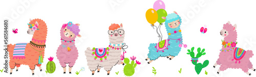Cute cartoon llama banner. Funny fluffy alpaca jump with balloons and stay between cacti. Cute childish decorative vector animals background