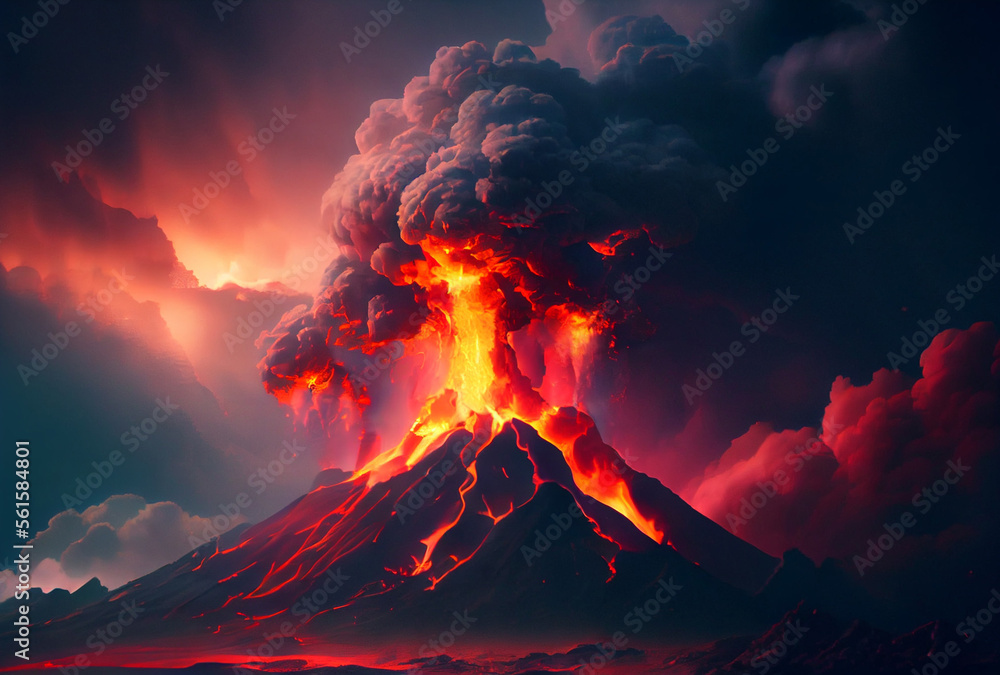 Volcanic eruption in Indonesia. Powerful explosion. Lava flows. Lots of smoke and fire. Generative AI Art. Apocalypse.