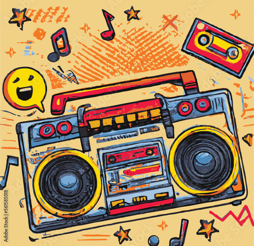 A tape recorder with cassettes and musical notes in the background retro poster illustration