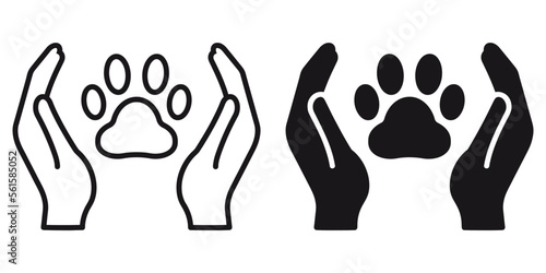 ofvs305 OutlineFilledVectorSign ofvs - hands holding paw print vector icon . dog or cat animal sign . pet . isolated transparent . black outline and filled version . AI 10 / EPS 10 / PNG . g11645