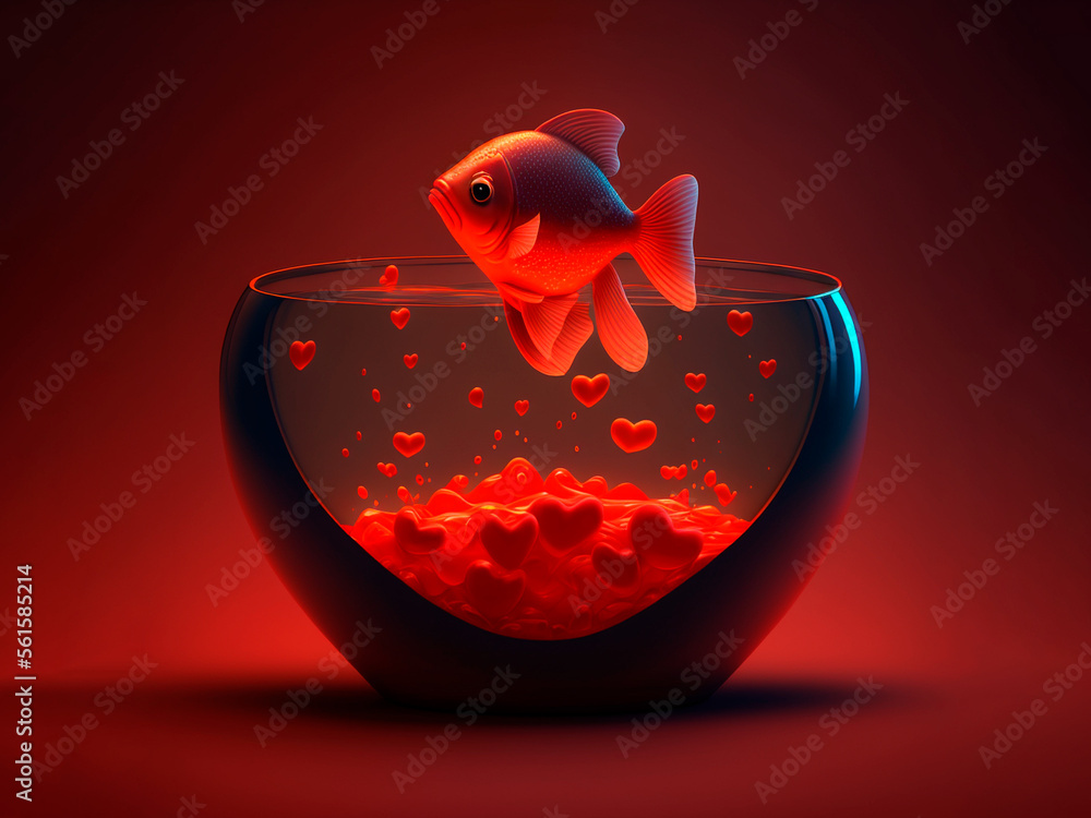 Generated ai, illustration of fish in red fishbowl with hearts, valentine's day