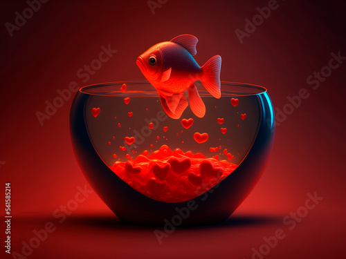 Obraz na płótnie Generated ai, illustration of fish in red fishbowl with hearts, valentine's day w salonie