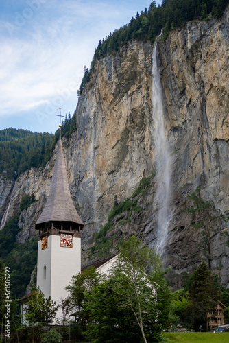 Wallpaper Mural Staubbach falls and church tower in Lauterbrunnen Torontodigital.ca
