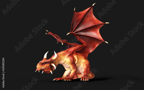 3d illustration of a red fantasy dragon posing isolated on black background with clipping path.