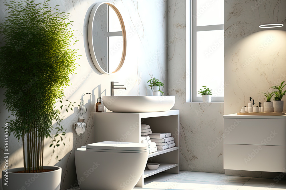 Realistic interior modern bathroom, vanity unit with LED round mirror ...