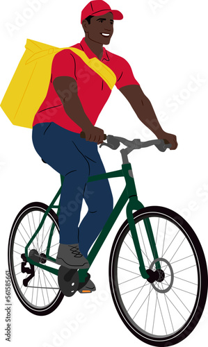 Hand-drawn African American delivery guy riding a bicycle. Delivery man with a package. Vector flat style illustration isolated on white. Full-length view 