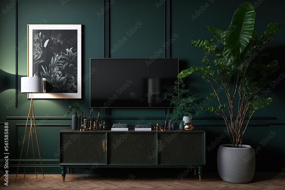 ภาพประกอบสต็อก Living room with tv on cabinet in dark green color wall ...