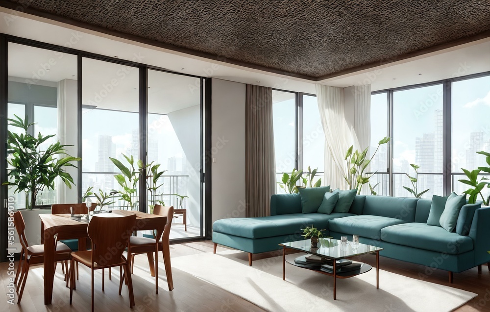Picture of interior of luxury condominium with minimalist furniture and lush house ...