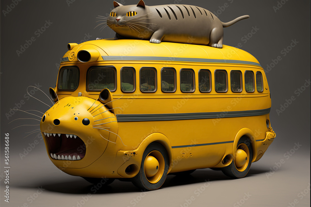 A silly yellow school bus with a face and cat on top. AI generated art ...