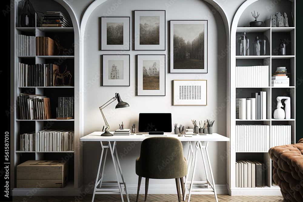 Interior of white office with chair, desk, light, and arch bookcase in wall with décor and books. a workstation in an office with a frame on the wall,. Generative AI Interior of white office with chair, desk, light, and arch bookcase in wall with décor and books. a workstation in an office with a frame on the wall,. Generative AI