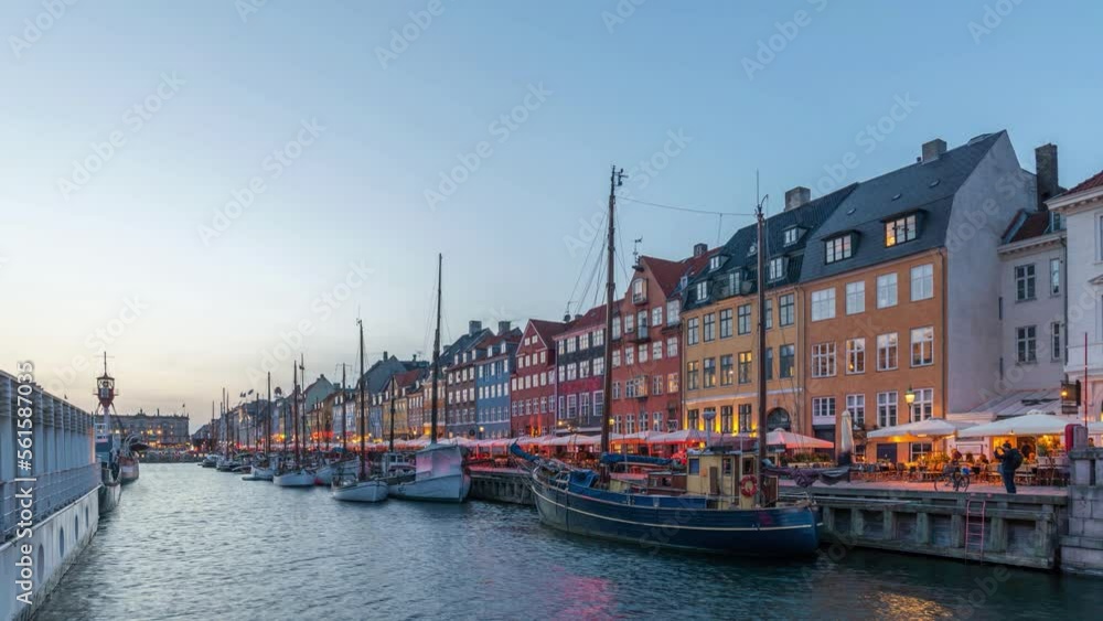 Copenhagen Denmark time lapse 4K, city skyline day to night timelapse at Nyhavn harbour Copenhagen Denmark time lapse 4K, city skyline day to night timelapse at Nyhavn harbour