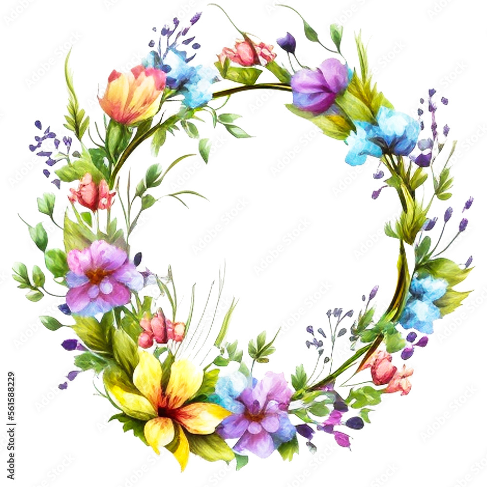 Fototapeta premium Floral round wreaths,flowers and leaves on a white background.
