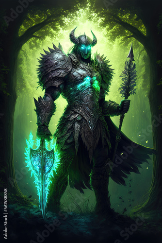 warrior with a spear and green light