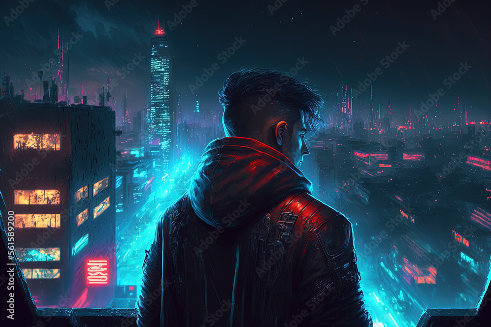 Man needlessly standing on roof overlooking cyberpunk city posing