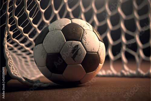 soccer ball in goal net,  AI generated artwork  photo