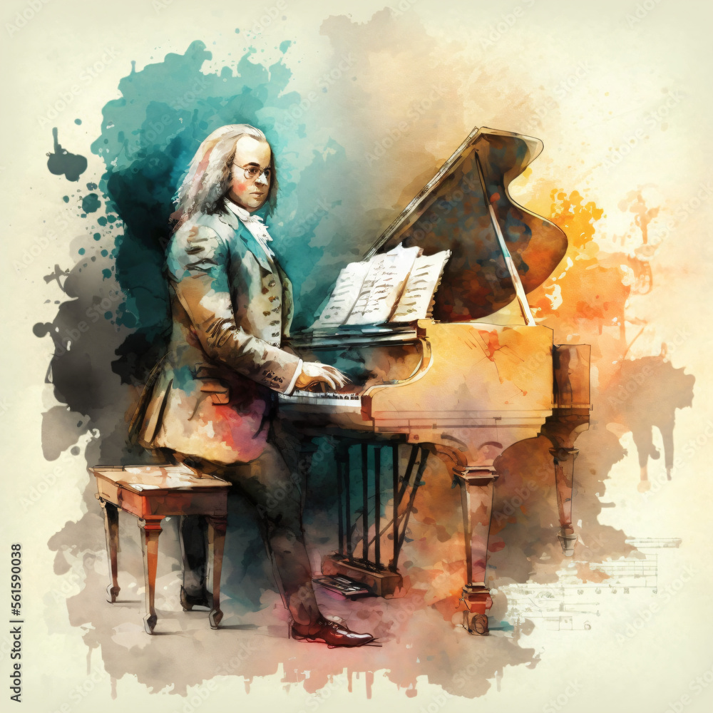Johann Sebastian Bach watercolor painting Generative Ai - obrazy, fototapety, plakaty 