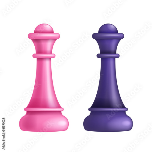 3D chess queen icon, vector purple figure, competition achievement sign, business strategy symbol. Love couple, enemy game fight concept, online sport intelligence hobby. 3D chess victory clipart