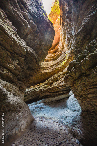 Canyon in the mountain gorge and mountain river. Saltinsky waterfall. Natural landmark in Dagestan.