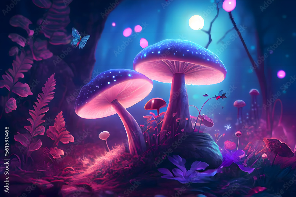 Magical fantasy mushrooms in an enchanted fairy tale dreamy elf forest ...