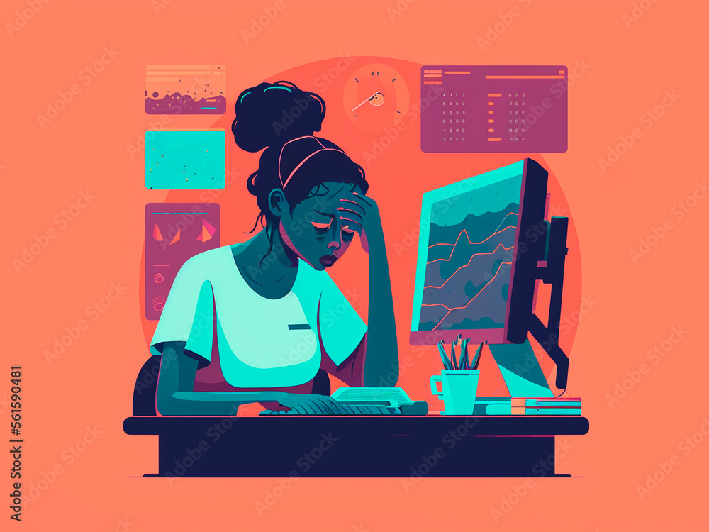 generated ai, illustration of woman with job anxiety, working at home with laptop and fatigued
