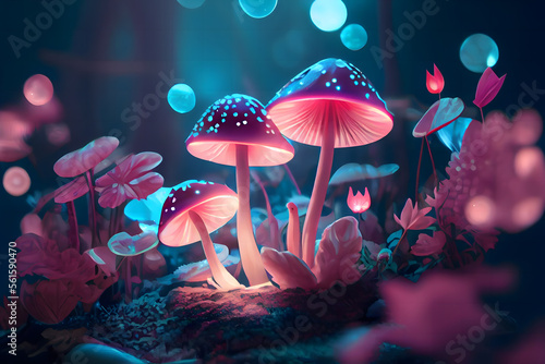 Magical fantasy mushrooms in an enchanted fairy tale dreamy elf forest with fabulous fairytale blooming pink rose flower and butterfly on mysterious background  shiny glowing stars and moon rays in ni