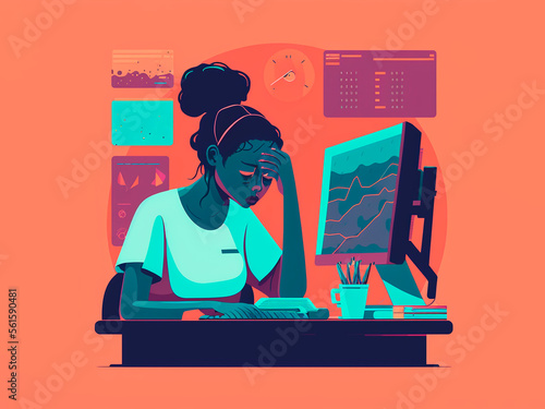Obraz na płótnie generated ai, illustration of woman with job anxiety, working at home with laptop and fatigued w salonie