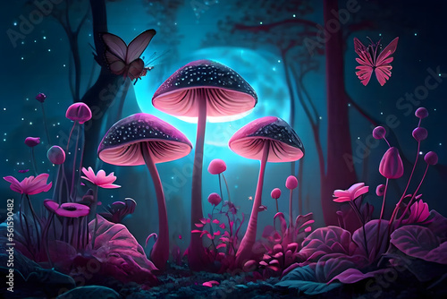 Magical fantasy mushrooms in an enchanted fairy tale dreamy elf forest with fabulous fairytale blooming pink rose flower and butterfly on mysterious background, shiny glowing stars and moon rays in ni © Hui
