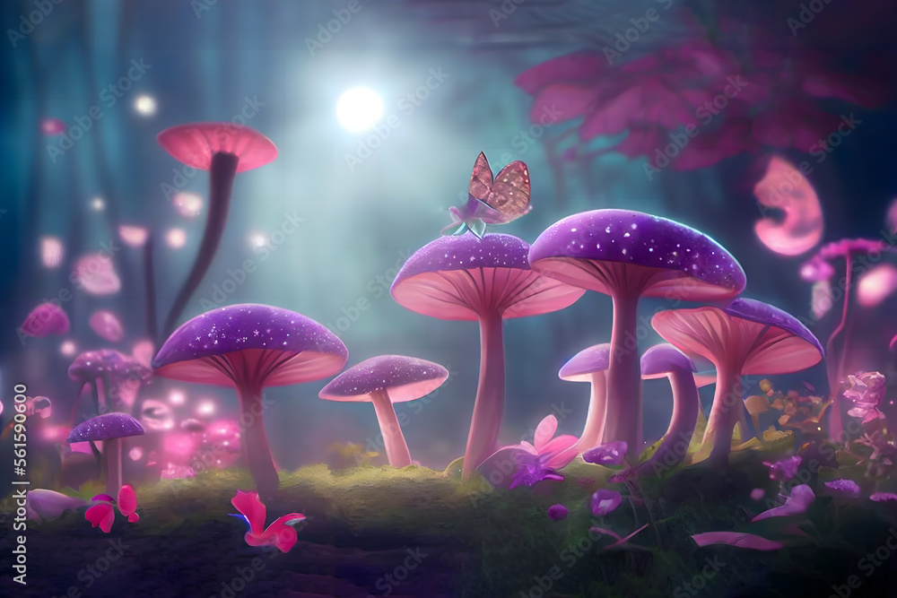 Magical fantasy mushrooms in an enchanted fairy tale dreamy elf forest ...