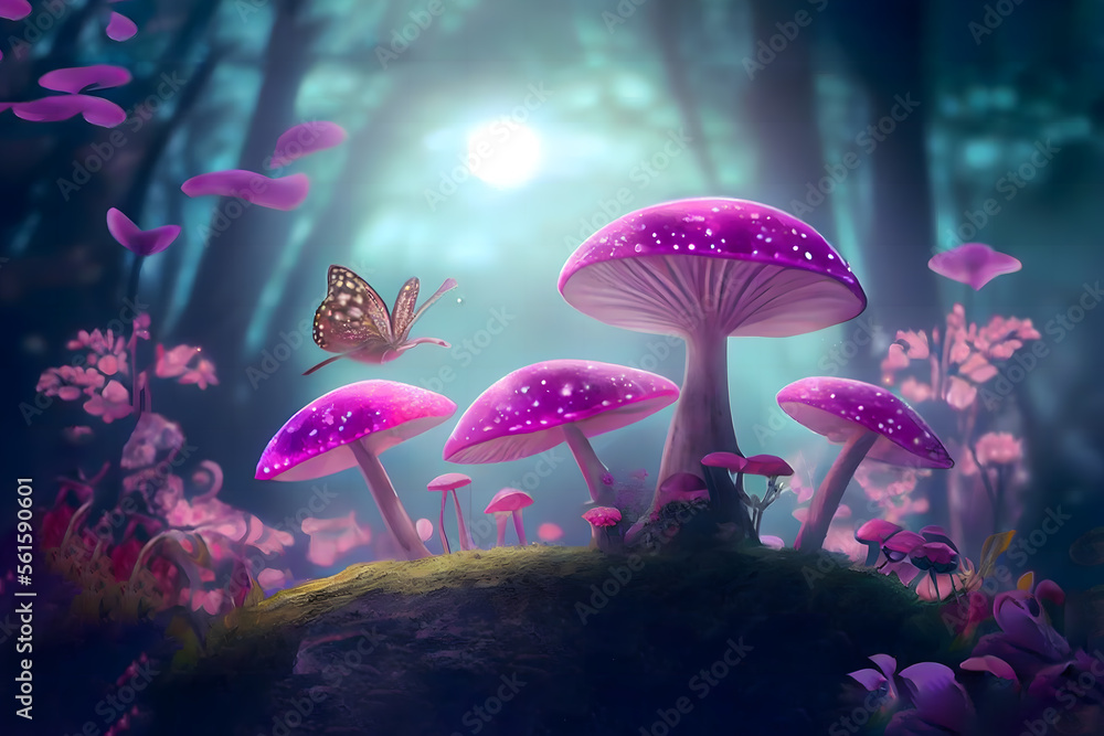 Magical fantasy mushrooms in an enchanted fairy tale dreamy elf forest ...