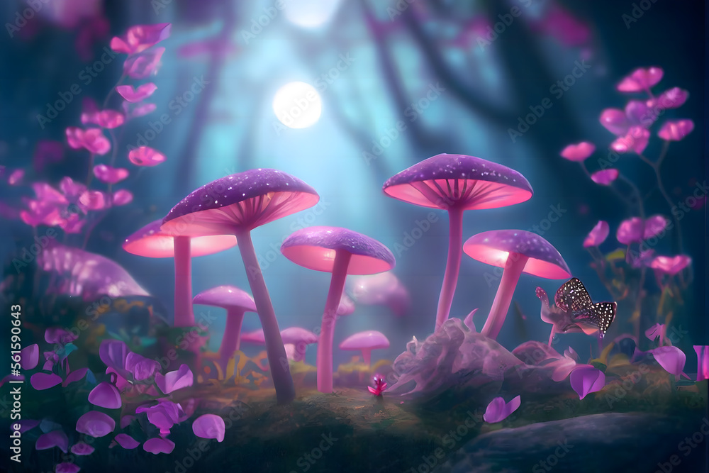 Magical fantasy mushrooms in an enchanted fairy tale dreamy elf forest ...