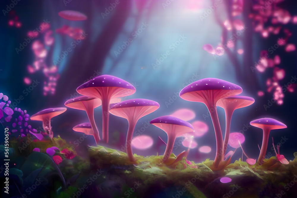 Magical fantasy mushrooms in an enchanted fairy tale dreamy elf forest ...