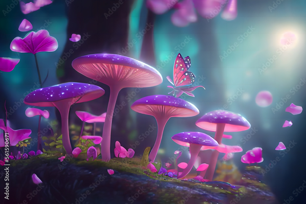 Magical fantasy mushrooms in an enchanted fairy tale dreamy elf forest ...