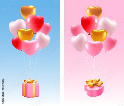 Gift box flying on the heart shape inflatable balloons. Conceptual 3d realistic design of Valentine's day, wedding or other celebration. Vector illustration