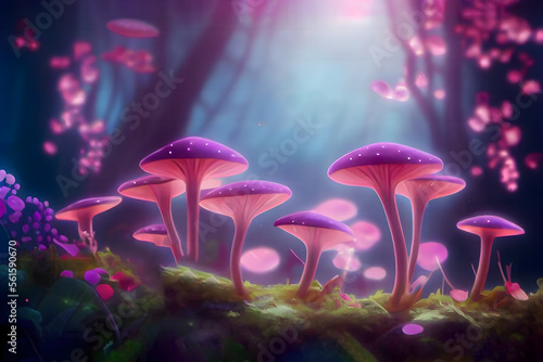 Magical fantasy mushrooms in an enchanted fairy tale dreamy elf forest with fabulous fairytale blooming pink rose flower and butterfly on mysterious background  shiny glowing stars and moon rays in ni